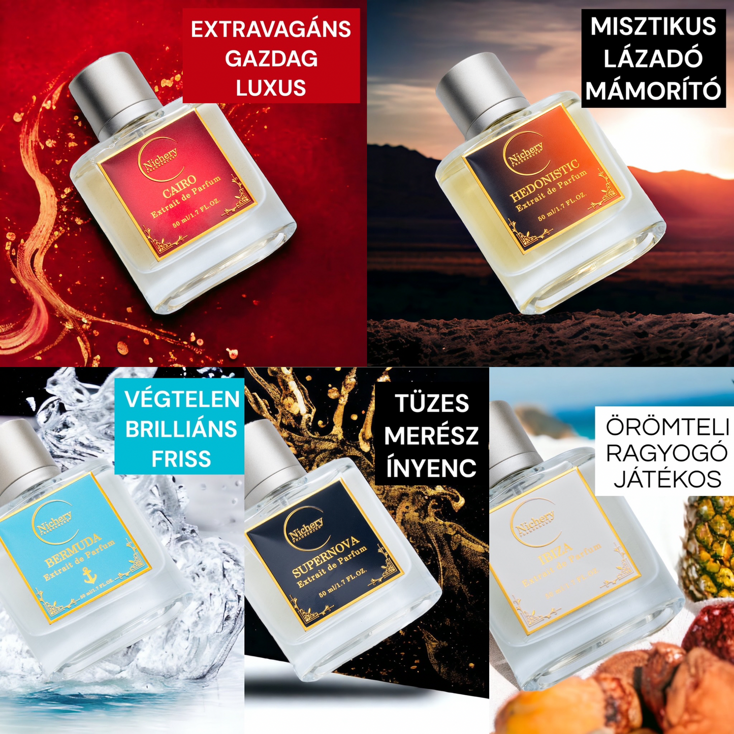 5x5ml Férfi & Unisex csomag: Cairo-Unforgettable-Ibiza-Midnight Desire-Supernova