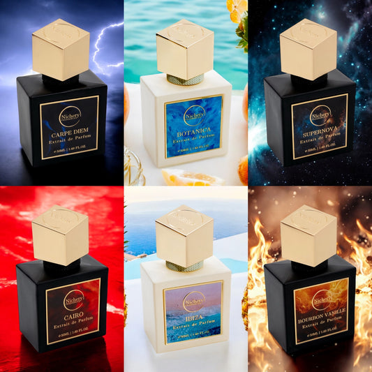 Pachet 6x2 ml pentru bărbați și unisex: Carpe Diem-Botanica-Supernova-Cairo-Ibiza-Bourbon Vanilla