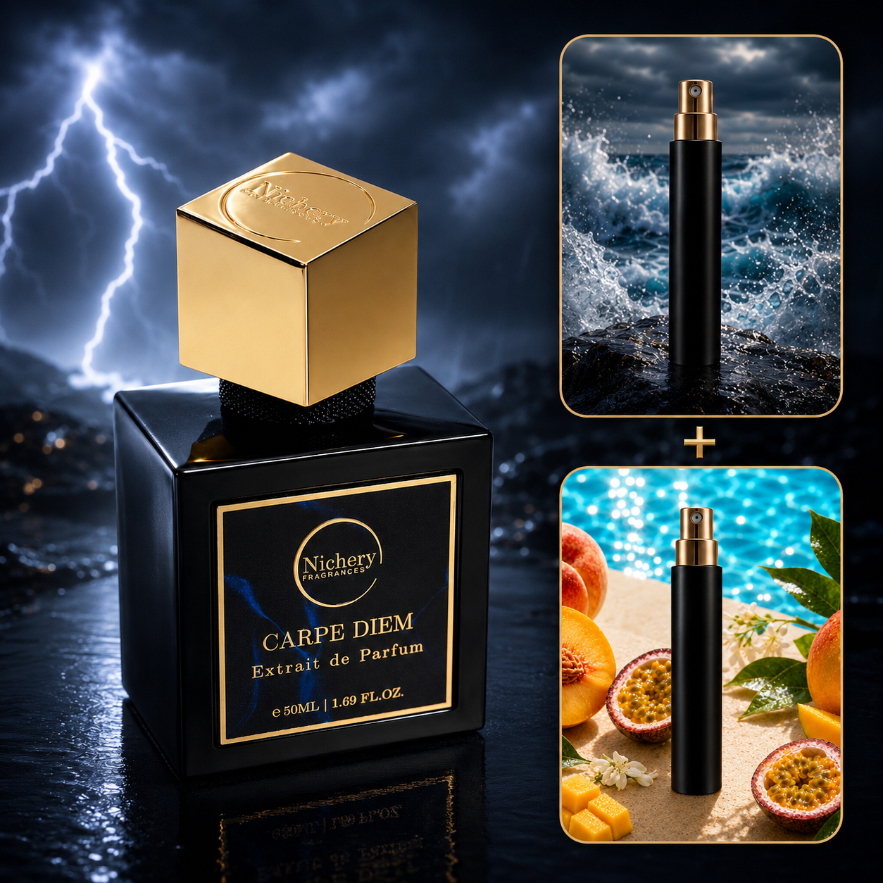 Nichery parfüm csomag férfi: Carpe Diem 50ml, Bermuda 10ml, Botanica 10ml extrait de parfum